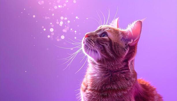 An orange tabby cat gazes upwards with illuminated whiskers and a serene expression, framed against a gradient purple backdrop with glistening bokeh. Focus on its face photo