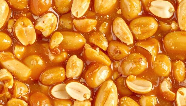 Close-up showcases a peanut confection. Numerous peanuts are encased within a glistening, amber-hued sugary matrix. The texture appears both crunchy and sticky, creating a delicious visual photo