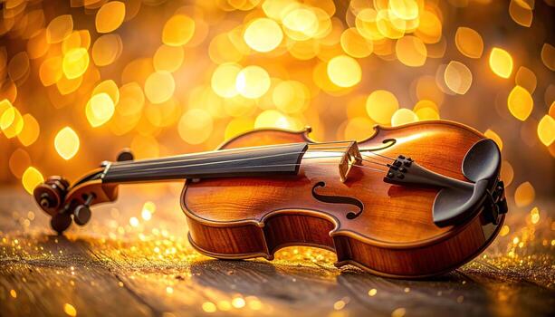 A detailed close-up of a wooden stringed instrument, illuminated by shimmering gold bokeh lights. It rests on a textured surface with subtle glitter, creating a warm, celebratory atmosphere photo
