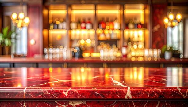A luxury bar scene focuses on a vibrant red marble countertop reflecting warm lights and bottles, with a blurred background showcasing the bar and its selection. Elegant and inviting photo