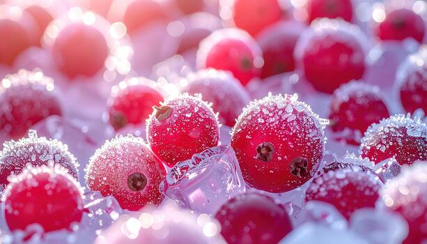 Close-up of ruby-red berries encrusted with ice crystals, resting on clear, jagged ice cubes. Soft light bathes the scene, highlighting the textures and vibrant color photo