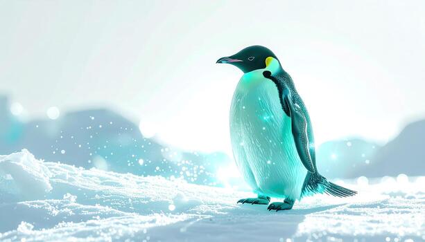 un majestuoso pingüino soportes en nieve, iluminado por un etéreo brillo, con un suave, borroso fondo. el escena exuda un sentido de soledad y preguntarse foto