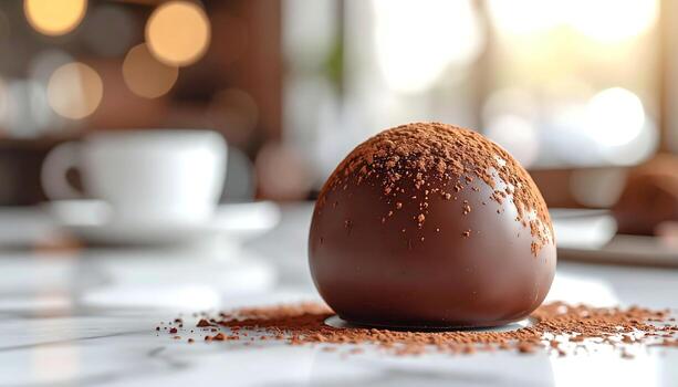 Close-up of a smooth, dark chocolate truffle dusted with cocoa powder rests on a marble surface. A blurred cup and bokeh background suggest a cafe setting. Soft light enhances the rich color photo