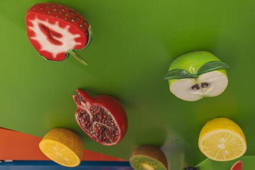 varios Fruta formas son presentado en un brillante verde superficie en un mercado. el monitor incluye fresas, manzanas, limones, y granadas, creando un animado atmósfera foto