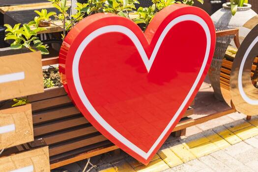 A large, bright red heart shape stands out in an open area filled with greenery and wooden elements. This cheerful display adds a festive touch to the surroundings photo