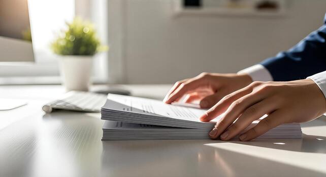 Hands handling documents on desk, office work, business paperwork, legal contracts, financial reports, stack photo