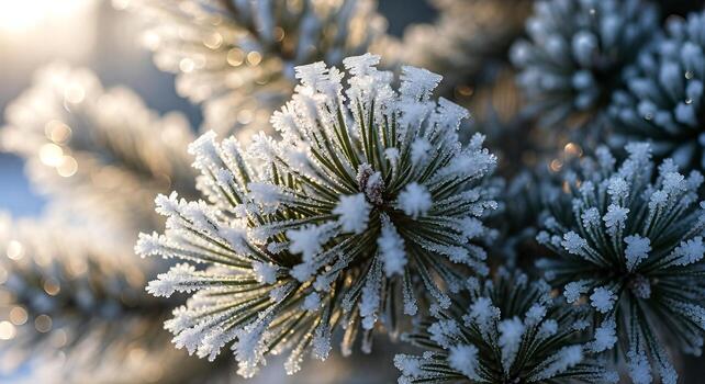 Frozen Pine Needles Macro Frosty Pine Tree Branch in Winter Sunlight, Bokeh Lights, delicate frost photo