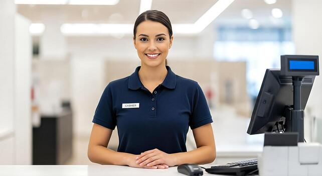 Friendly Female Cashier Smiling at Checkout Counter in Retail Store, checkout operator photo