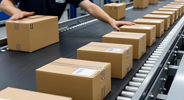 Cardboard Boxes on a Conveyor Belt in a Warehouse, Logistics and Shipping Process, industrial automation photo