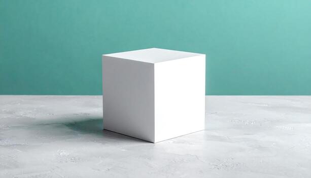 Minimalist White Cube on Textured Surface with Teal Background Product Display Stand Geometric Shape Studio Mockup photo