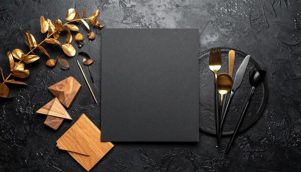 Elegant Dark Table Setting with Black Menu Card Gold Cutlery Natural Elements photo