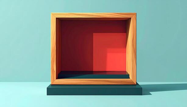 Empty Wooden Frame Display Stand with Red Background and Geometric Shadows Product Showcase Mockup photo