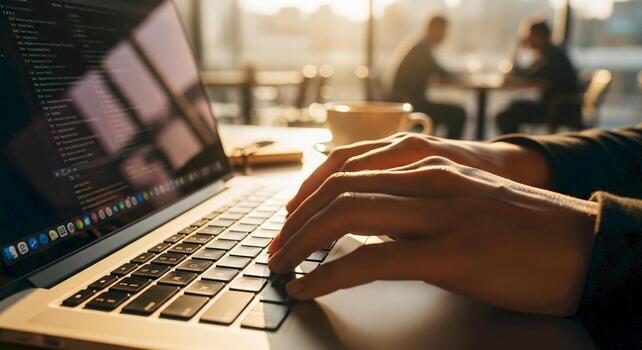 Hands typing on a laptop keyboard with code on screen in a warm sunlit cafe setting concept of remote work and programming photo