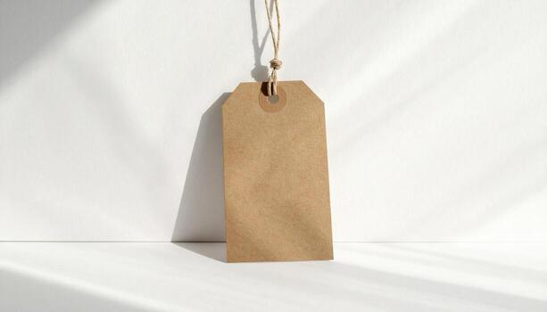 Blank Brown Kraft Paper Hang Tag With String on White Seamless Background photo