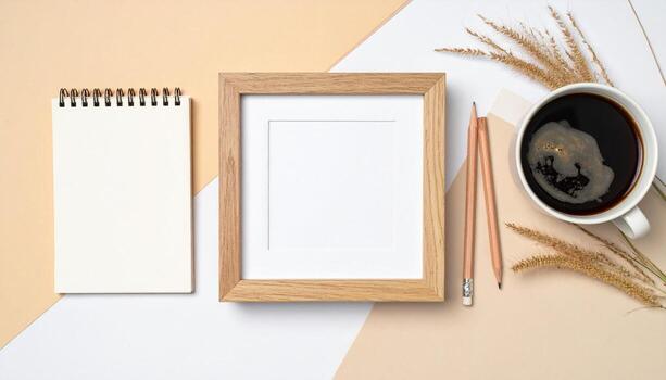 Cozy Workspace Mockup Coffee Notebook and Photo Frame on a Warm Background