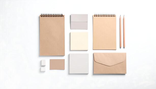 Eco Friendly Branding Stationery Mockup Kraft Notebooks Envelopes Pencils Sticky Notes on White Background photo