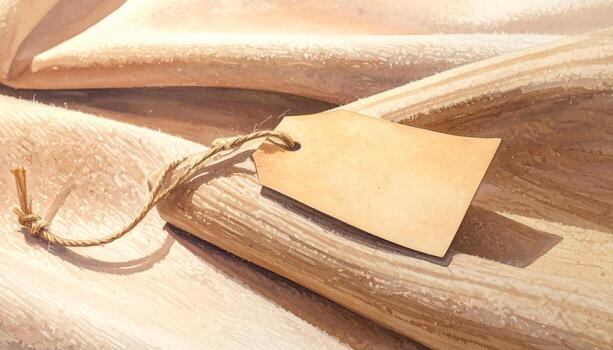 Blank Kraft Paper Price Tag with Twine String Tied to Textured Natural Fabric Rustic Barcode Label Mockup on Beige Cloth Background Handmade Product Tag with Copy Space photo