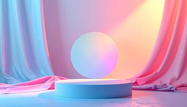Creative Product Display Podium with Soft Draping Fabric and Frosted Circle Backdrop photo