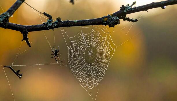 Dew Kissed Spiderweb Shines With Morning Light Capturing a Tiny Weaver in its Delicate Silk Trap on a Branch photo