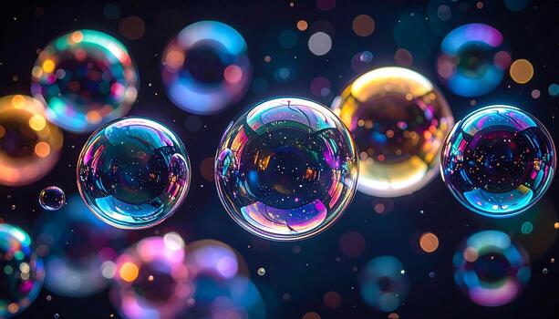 Abstract Macro Photograph of Iridescent Soap Bubbles Floating in Dark Space Reflecting Colorful Lights photo
