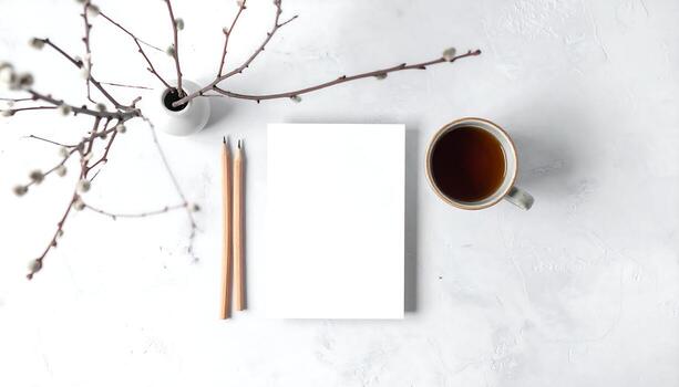 Flat lay of a blank white paper pencils and a cup of tea on a textured white background with willow branches in a vase for a creative workspace or spring concept photo
