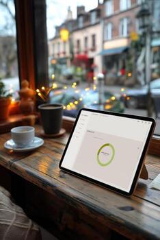 Digital nomad working remotely from cozy coffee shop using business analytics on tablet photo