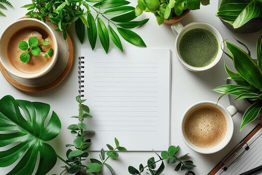 Blank notebook surrounded by plants and coffee on white desk photo