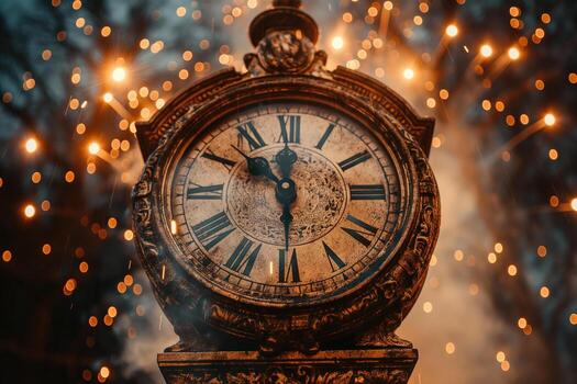Antique clock showing almost midnight with fireworks exploding in the background photo