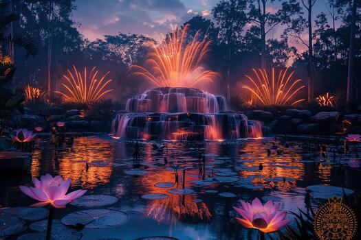Waterfall cascading into pond with fireworks exploding at twilight photo
