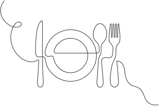 A continuous line drawing of a fork, knife and spoon vector