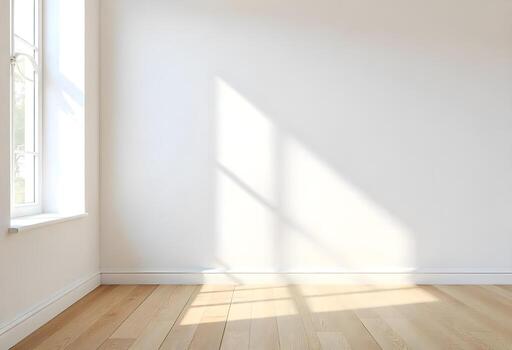 Brightly Lit Empty Room with Natural Sunlight Streaming Through a Window and Shining on Wooden Floorboards photo