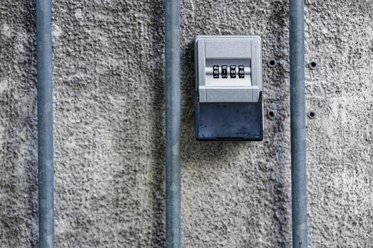 Compact key safe with numeric code embedded in concrete wall. photo