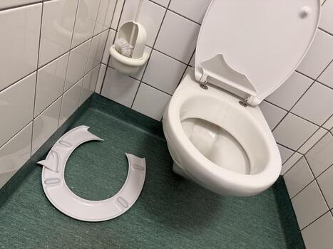 Broken toilet seat in tiled restroom showing poor maintenance and hygiene concern photo