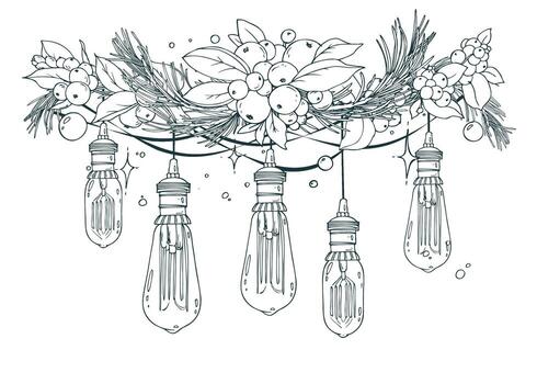 A hand-drawn garland of snowberry and pine with string-hung Edison bulbs and a magical twinkle. This monochrome line art is excellent for web design and crafting unique logos. vector