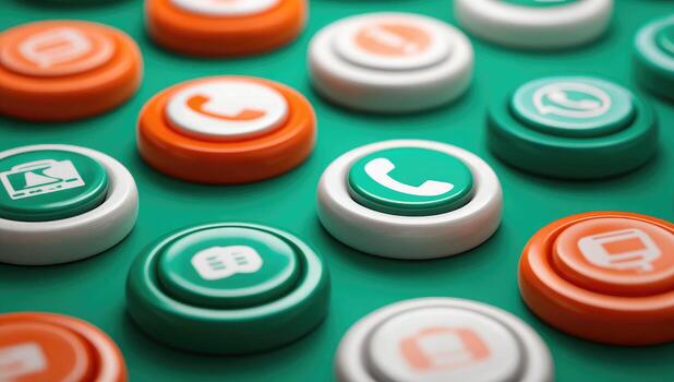 Round buttons with communication icons on a teal background photo
