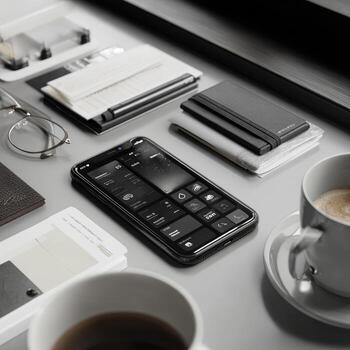 Flat lay of a modern workspace with a smartphone, coffee, and office supplies photo