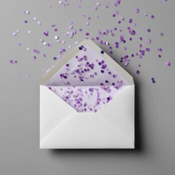Open white envelope, lined with light purple and filled with purple glitter confetti, on a gray background photo