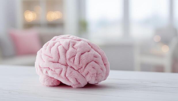 Pink brain model on a light-colored table, soft texture, blurred home background photo