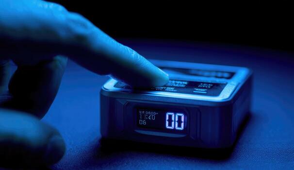 Close-up of a hand touching a small, square, digital device lit with blue light photo