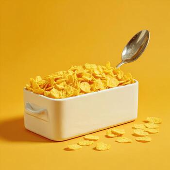Crispy cornflakes in a white box, spoon beside photo