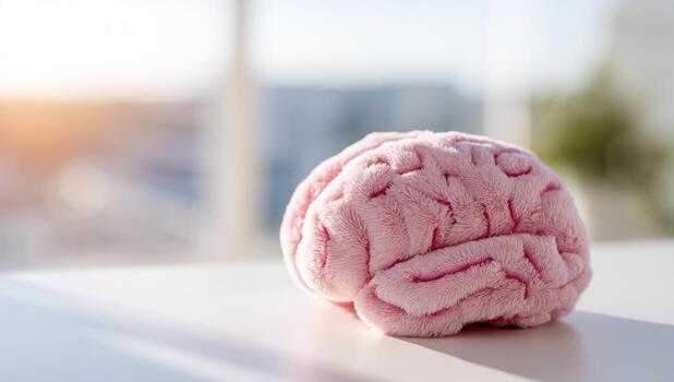 Pink brain model on a white surface, sunlit photo