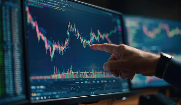 Hand pointing at a stock chart on a computer screen photo