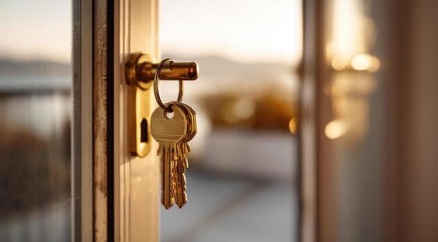 Keys in a door lock, sunlight streaming through photo