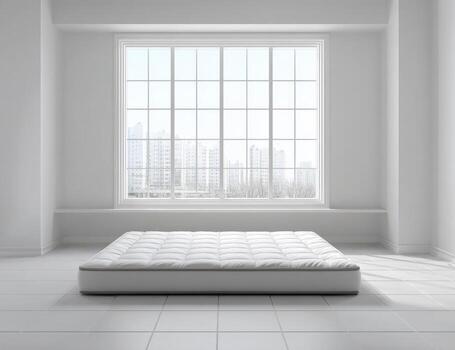 Empty white room, large window, simple mattress photo
