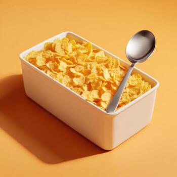 Crispy cereal in a white box with spoon photo