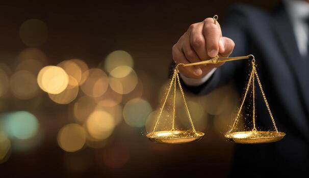 A person in a suit holds golden scales of justice, with glittering dust particles photo