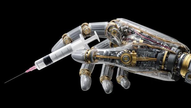 robótico mano participación un jeringuilla foto