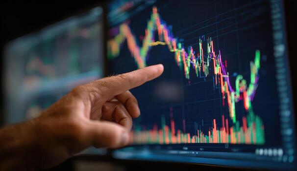 Hand points at a complex stock chart on multiple computer screens photo