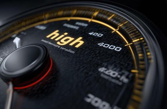 Close-up car speedometer showing a high speed photo