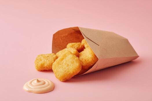 Fried chicken nuggets in kraft paper takeout container, with dipping sauce photo